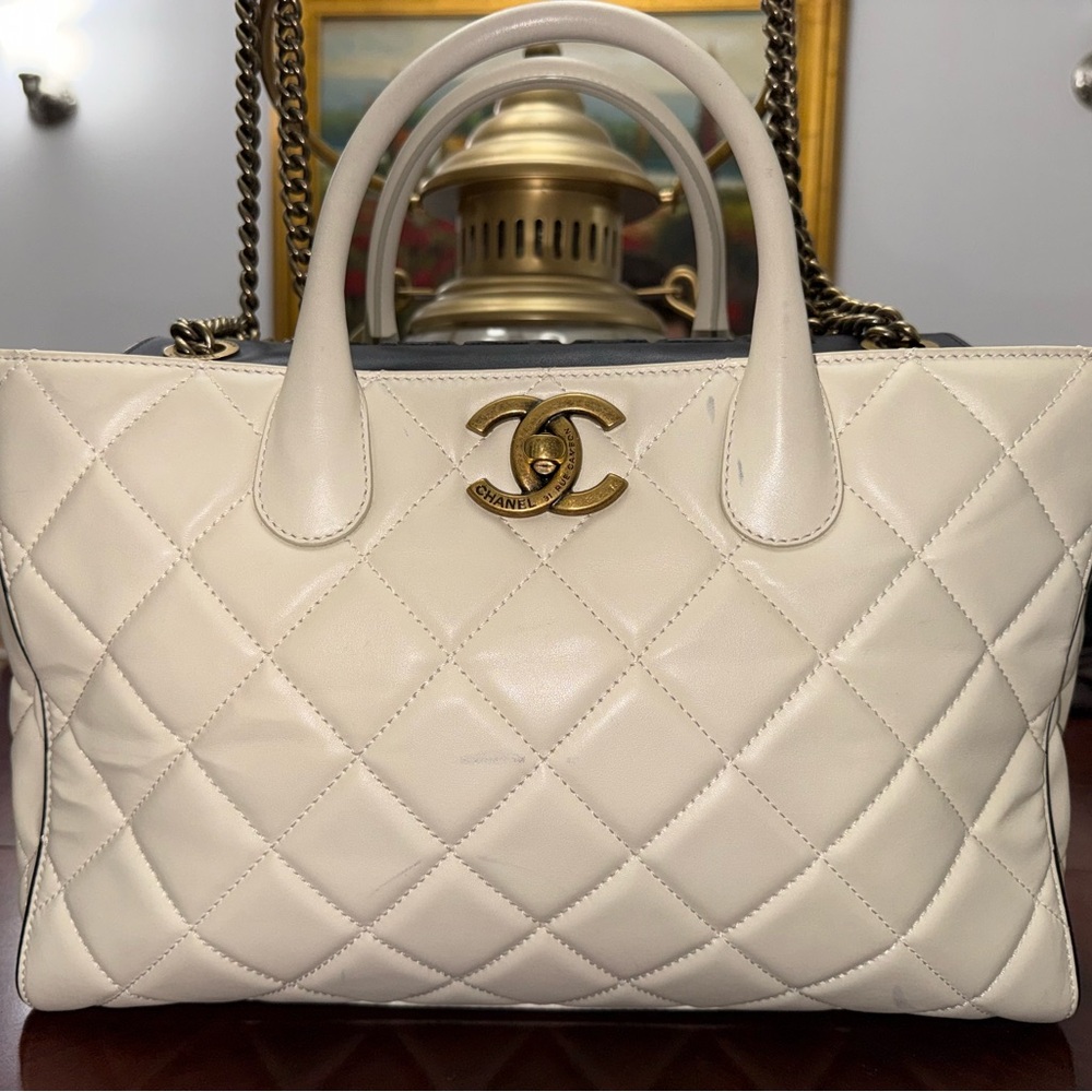 CHANEL Cream Quilted Leather Top-Handle Tote with Gold CC Hardware